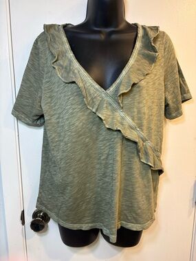 VERONICA BEARD Burnout Ruffle V-Neck Top Tee Size L Women's Blouse Shirt